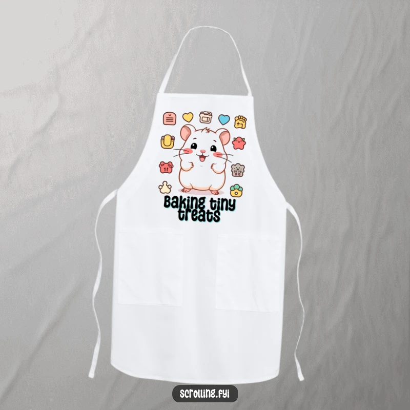 Funny apron with a happy hamster clicking recipe icons, depicting a humorous and swift kitchen helper.