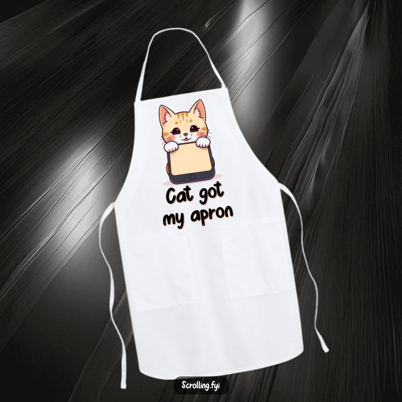 Funny cat apron showing a cat peering over a smartphone, perfect for kitchen or crafting protection.