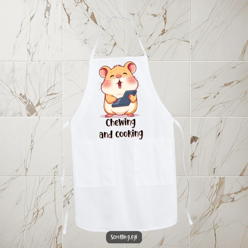 Funny apron design with a hamster balancing a phone on its nose, scrolling with extreme focus.
