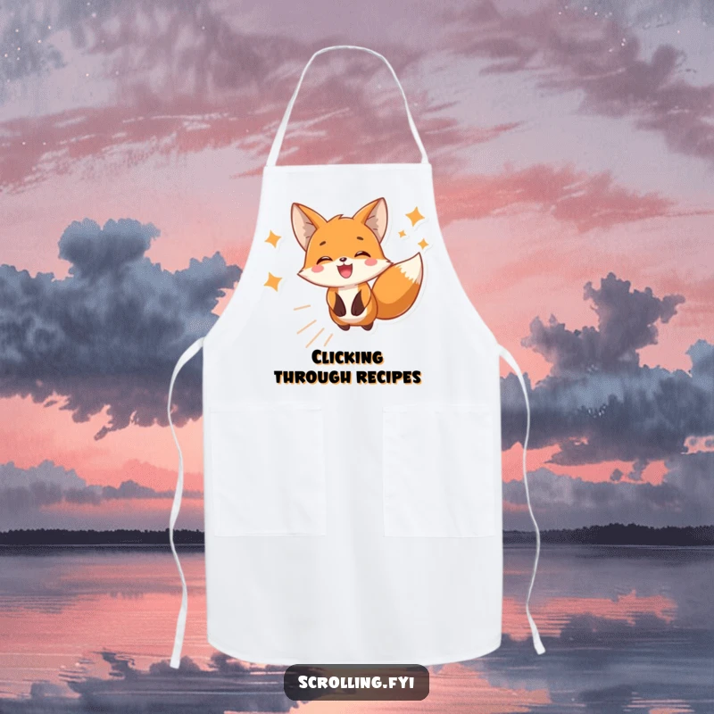 Funny apron featuring a cheerful fox scrolling on a phone while cooking, a humorous and practical item for kitchen enthusiasts.
