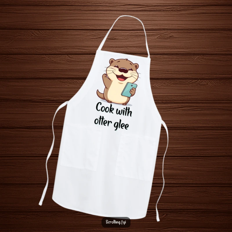 Funny otter apron showing a cheerful otter holding a phone with a grin, perfect for kitchen protection.