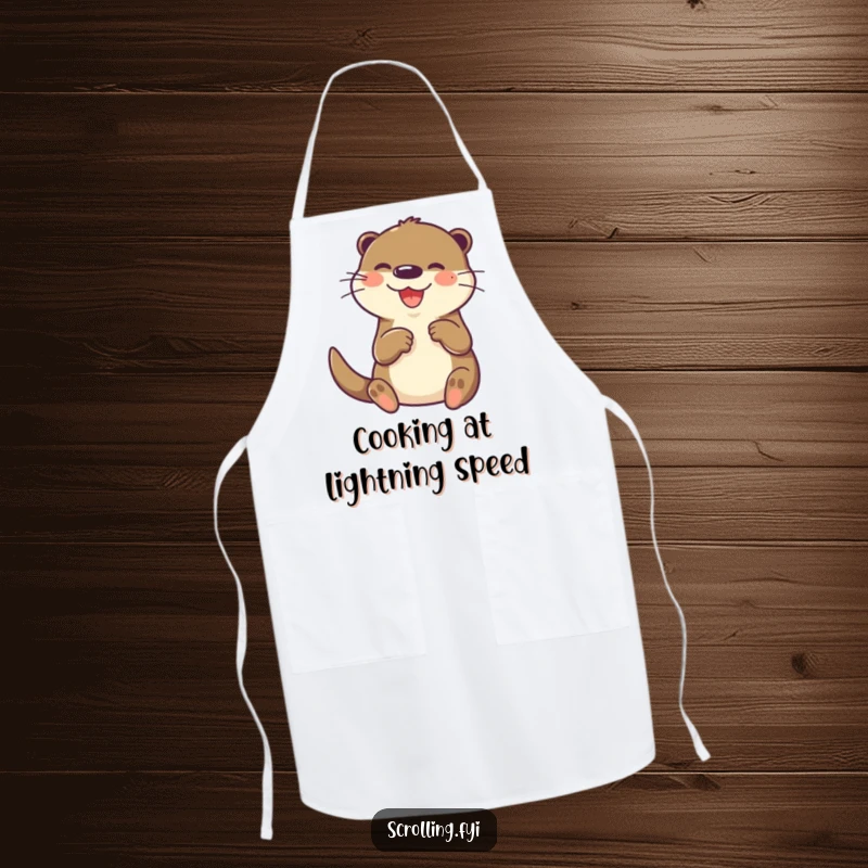 Funny otter apron, joyfully and rapidly tapping on a small screen with its paw, ideal for tech-savvy cooks.