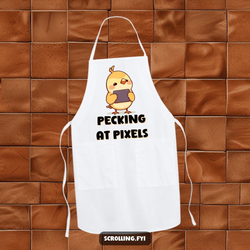 Funny Bird Watching Device Apron: A practical apron adorned with a small bird tilting its head, curiously watching a screen, perfect for kitchen fun.