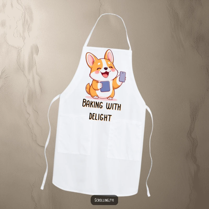 Funny apron with a joyful corgi holding a phone in the kitchen, depicting a humorous and communicative chef.