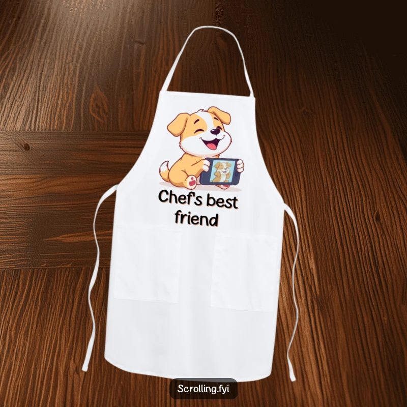 Funny dog apron showing a joyful dog captivated by a video on a mobile device while someone cooks.