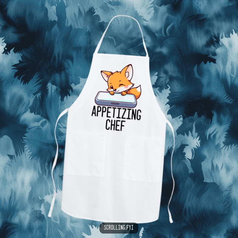 Funny apron design featuring a fox peeking over a glowing mobile phone, perfect for kitchen tech enthusiasts.