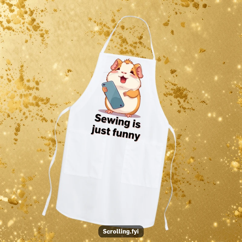 Funny giggling guinea pig holding a smartphone upside down, looking completely amused while cooking. Great funny apron.