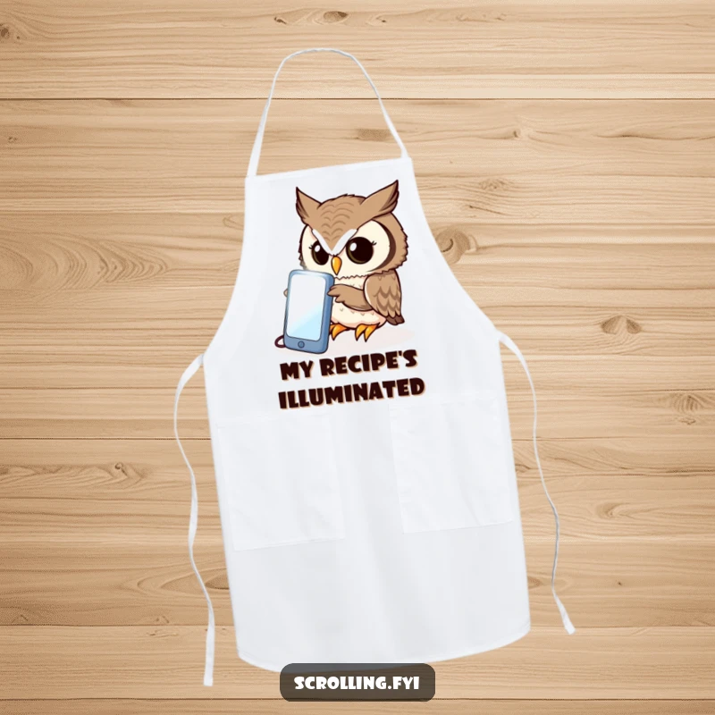 Funny owl apron, curiously peering intently at a bright, illuminated phone screen, ideal for studious creatives.