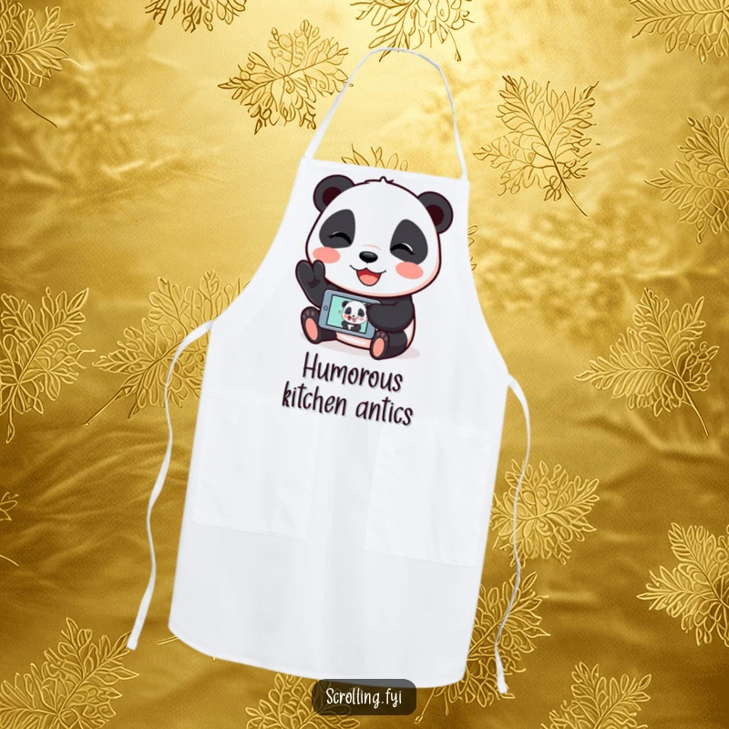 Funny apron featuring a giggling panda showing a humorous image on its mobile device, perfect for kitchen fun.