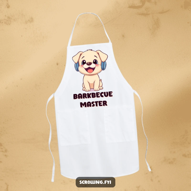 Funny apron design with a joyful puppy in tiny headphones, reacting with surprise to a phone notification.