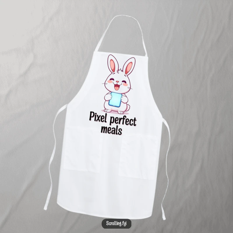 Funny Rabbit Apron: A delighted rabbit holds a glowing mobile phone, perfect for tech enthusiasts who also cook.