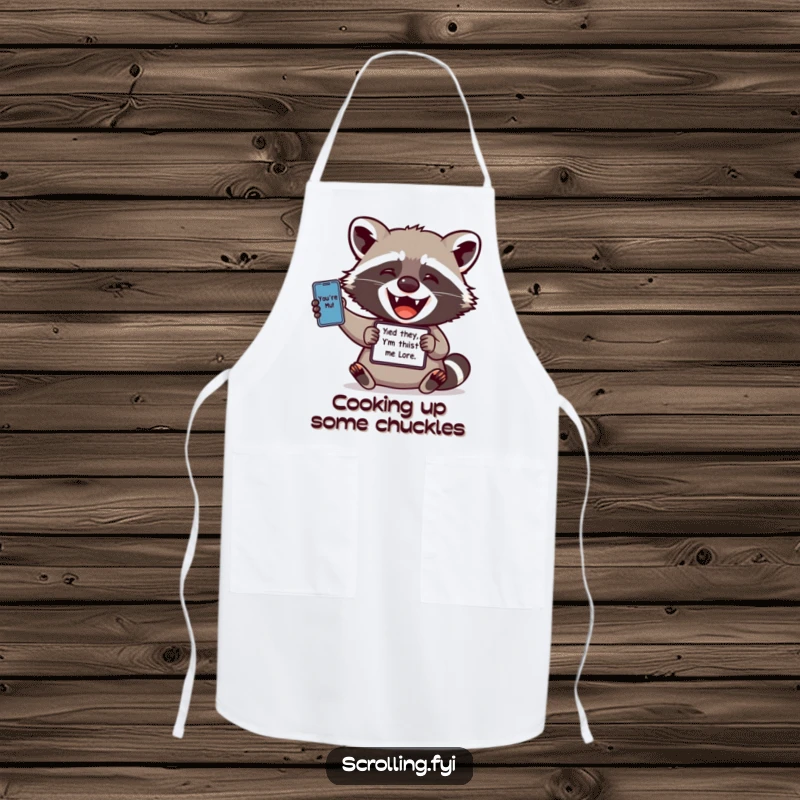 Funny apron: A delighted raccoon wearing an apron shares a funny meme from its device while preparing a meal, kitchen humor.