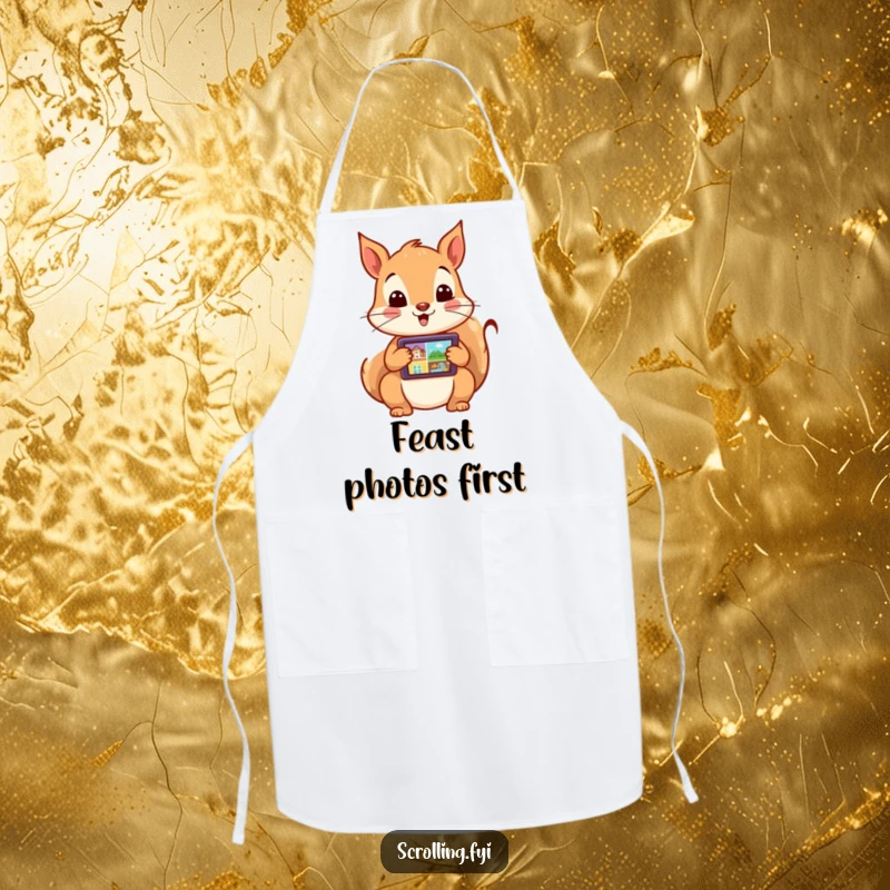 Funny apron featuring an excited squirrel rapidly swiping through images on a tablet. Ideal for creative cooking with a tech twist.