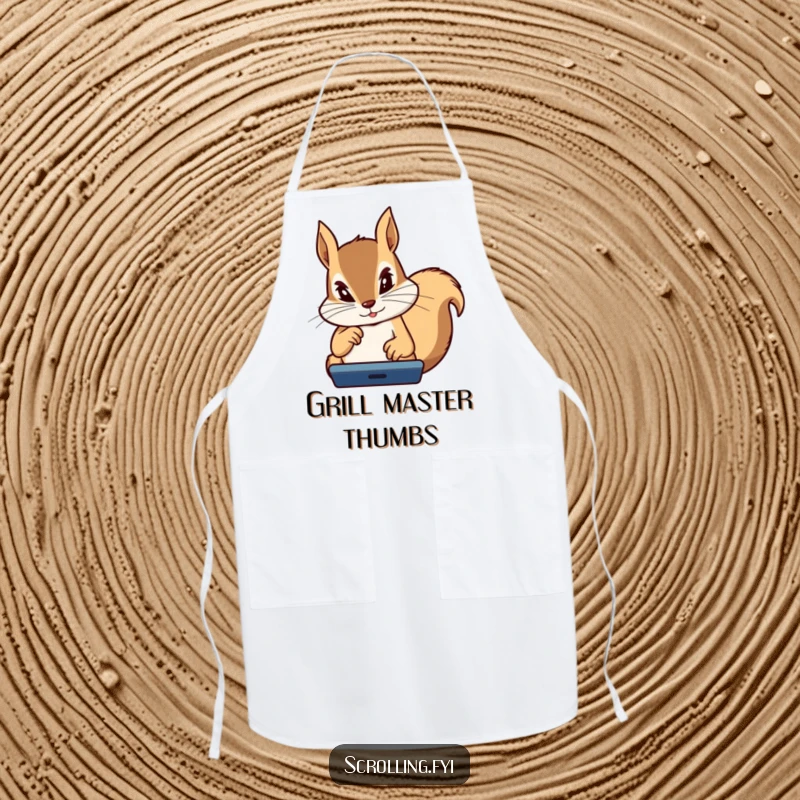 Funny Squirrel Apron: Durable apron depicting a determined squirrel intensely focused on a device, thumbs flying, ready for action.