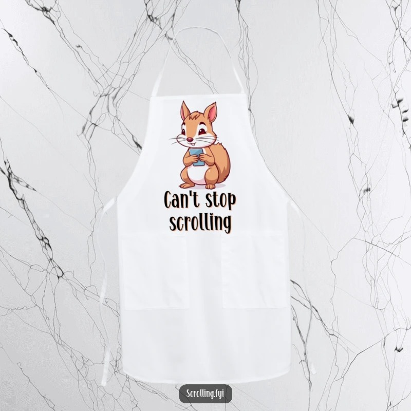Funny apron with a determined squirrel holding a phone vertically, scrolling with intense focus, perfect for kitchen tech users.
