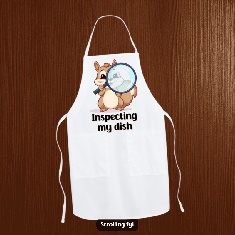 Funny chef apron with a cheerful squirrel holding a magnifying glass over a screen, a practical funny gift.