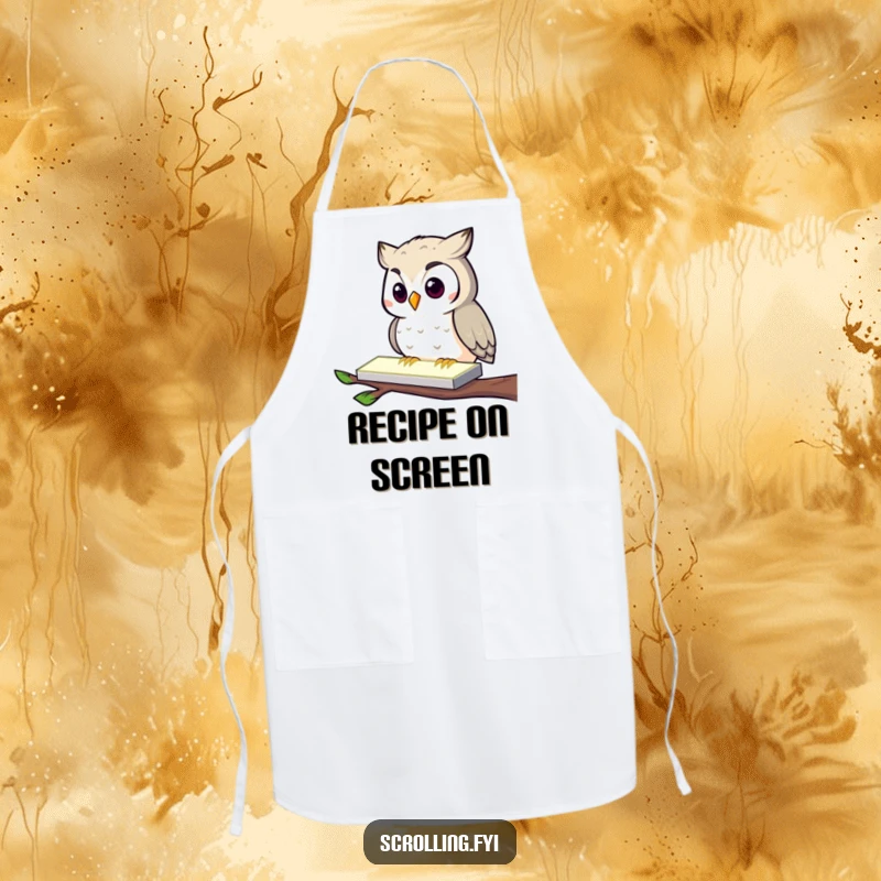 Funny Owl Apron: A curious owl tapping a glowing screen, keeping you clean during daily tasks, a humorous accessory.