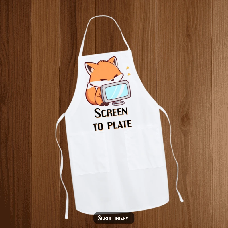 Funny Apron: A fox comically staring intently at a small screen, perfect for adding humor to cooking or intense focus activities.