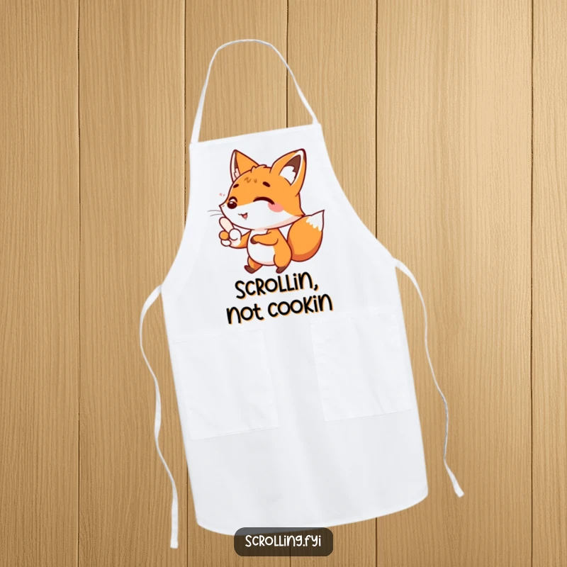 Funny chef apron with a happy fox character focused on scrolling, ideal for a funny kitchen gift.