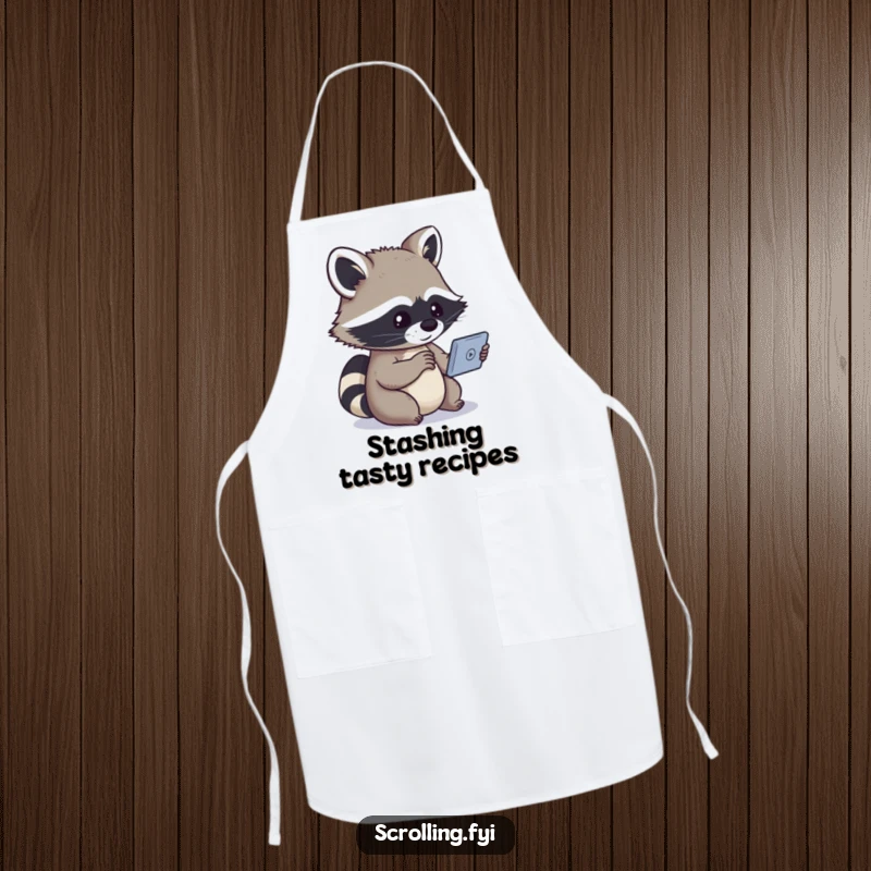 Funny apron of a curious raccoon using a tablet in the kitchen, depicting a humorous and gadget-savvy cook.