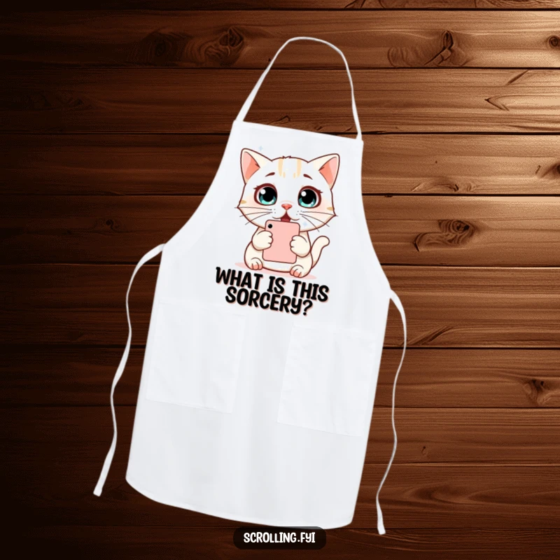 Funny Cat Apron: A surprised cat with wide eyes looking at a phone screen, perfect for kitchen use, culinary humor, gift.