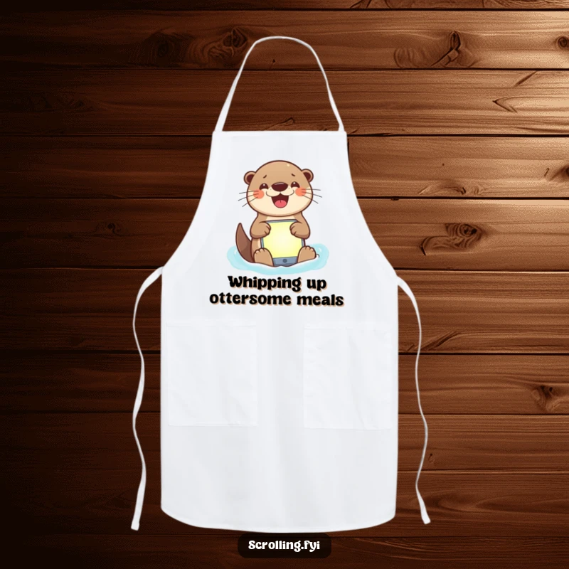 Funny apron showing a happy otter using a tablet for recipes, depicting a humorous and kitchen-savvy character.