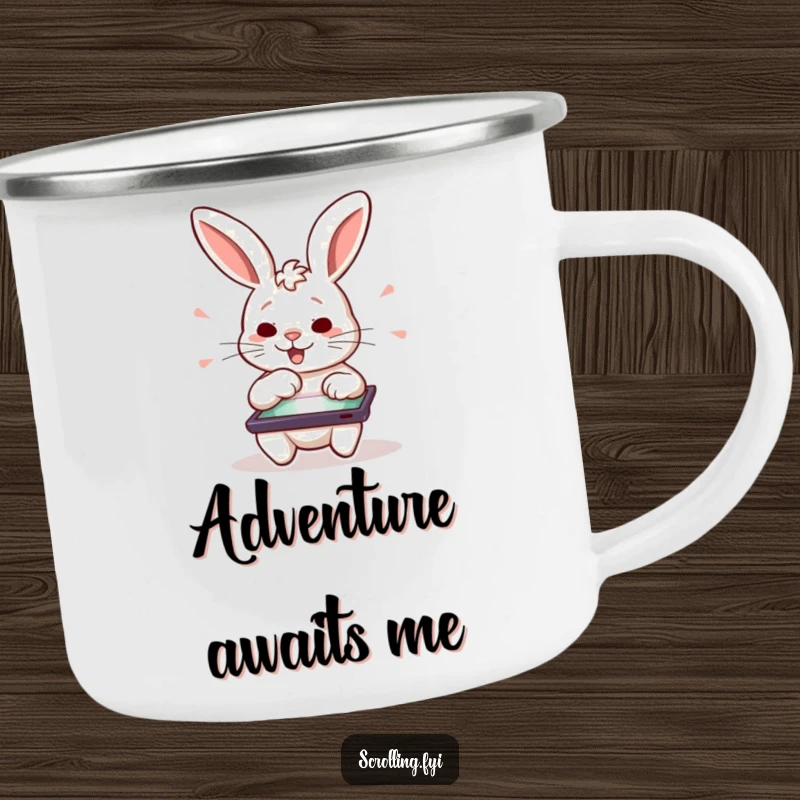 Funny enamel camping mug with a determined rabbit character swiping on a tablet, a rugged funny gift.