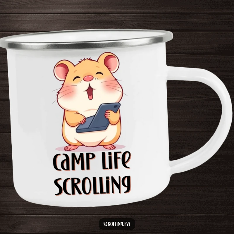 Funny camping mug showing a hamster balancing a phone on its nose, scrolling rapidly, for outdoor lovers.
