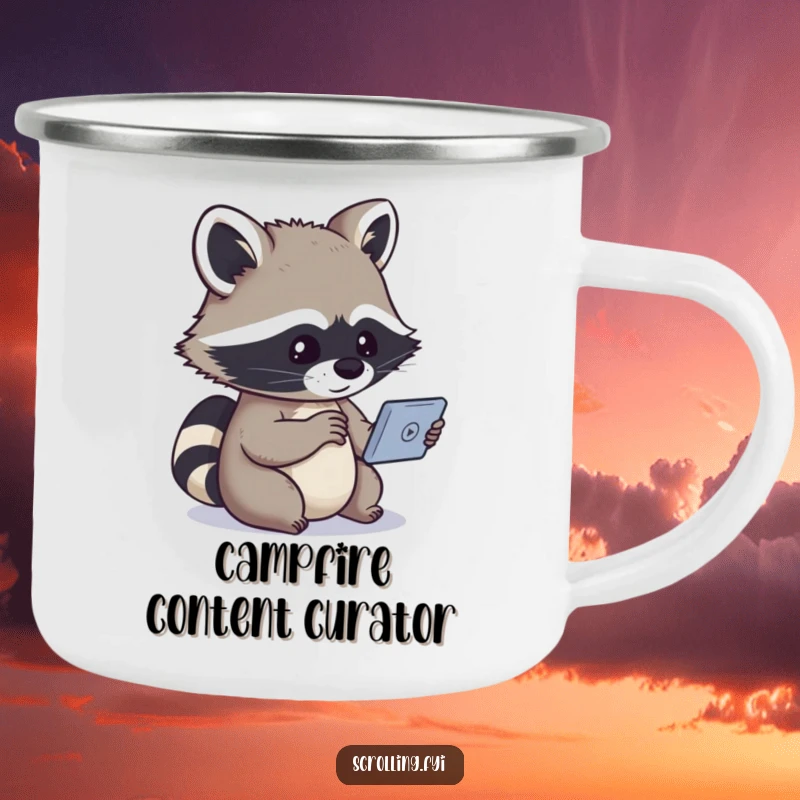 Funny camping mug with a curious raccoon watching a device outdoors, conveying a humorous and observant personality.