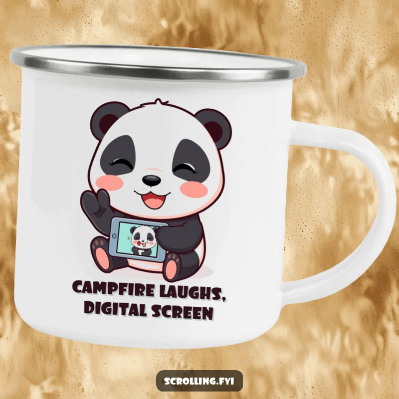 Funny camping mug with a giggling panda showing a funny image on its mobile device, perfect for outdoor laughs.