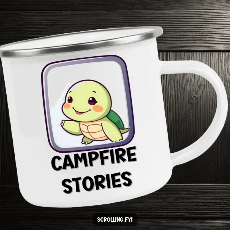 Funny Turtle Swiping Display Camping Mug: A sturdy mug featuring a smiling turtle leisurely swiping a screen, designed for relaxed outdoor enjoyment.