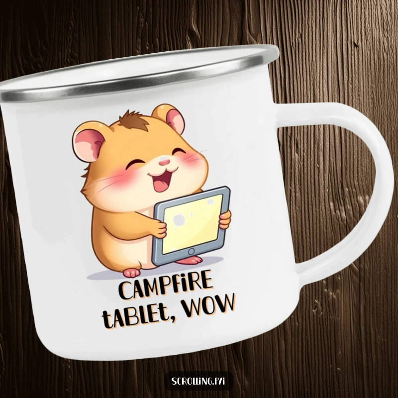 Funny camping mug with a giggling hamster holding a tablet, its face lit by the screen, perfect for outdoor tech lovers.