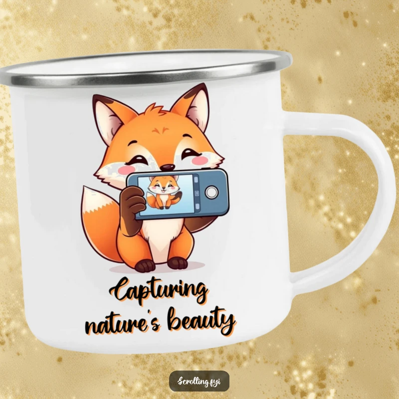 Funny Fox Camping Mug with a smiling fox holding a phone to capture a moment, great for outdoor photography lovers.