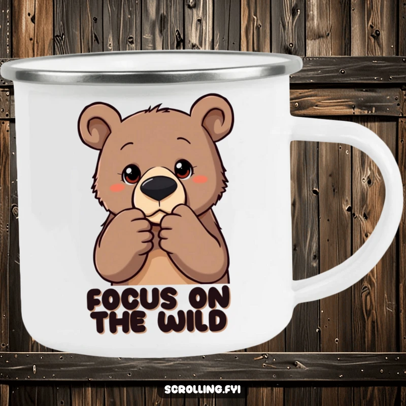 Funny camping mug with a determined bear zooming on a photo, combining outdoor durability with a humorous, focused design.