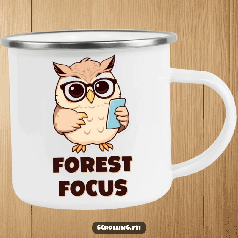 Funny owl camping mug showing a wise owl squinting at a small phone screen while adjusting spectacles.