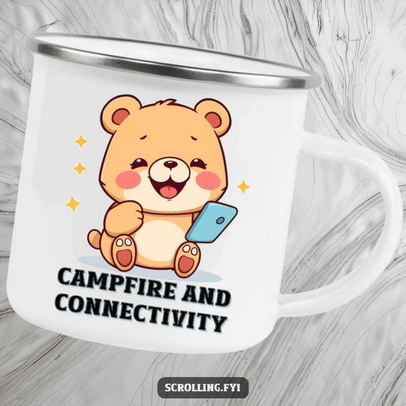 Funny bear camping mug, smiling wide while using a phone, blending outdoor life with tech.