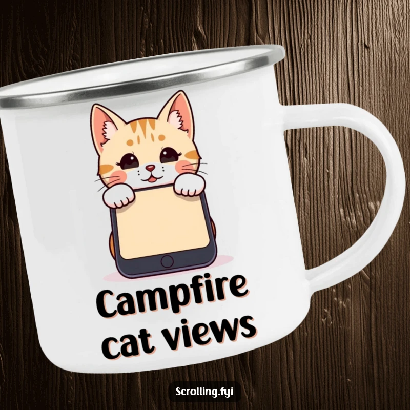 Funny cat camping mug showing a cat peering over a smartphone, perfect for outdoor tech breaks.