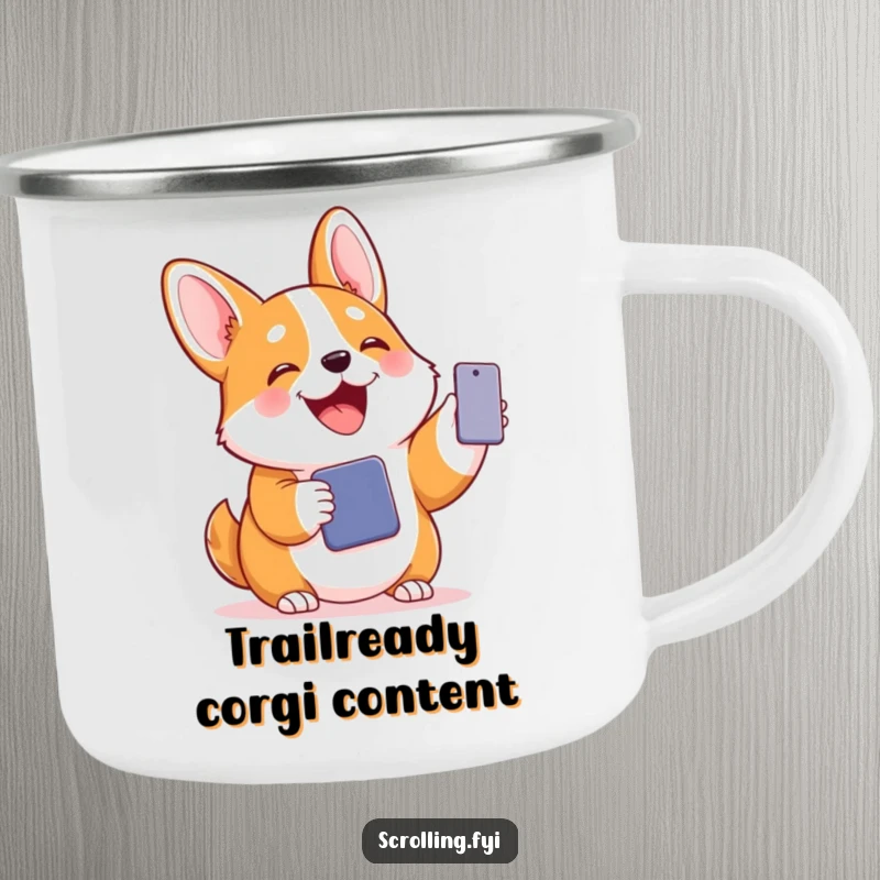 Funny camping mug with a joyful corgi holding a phone, conveying a humorous and adventurous spirit.