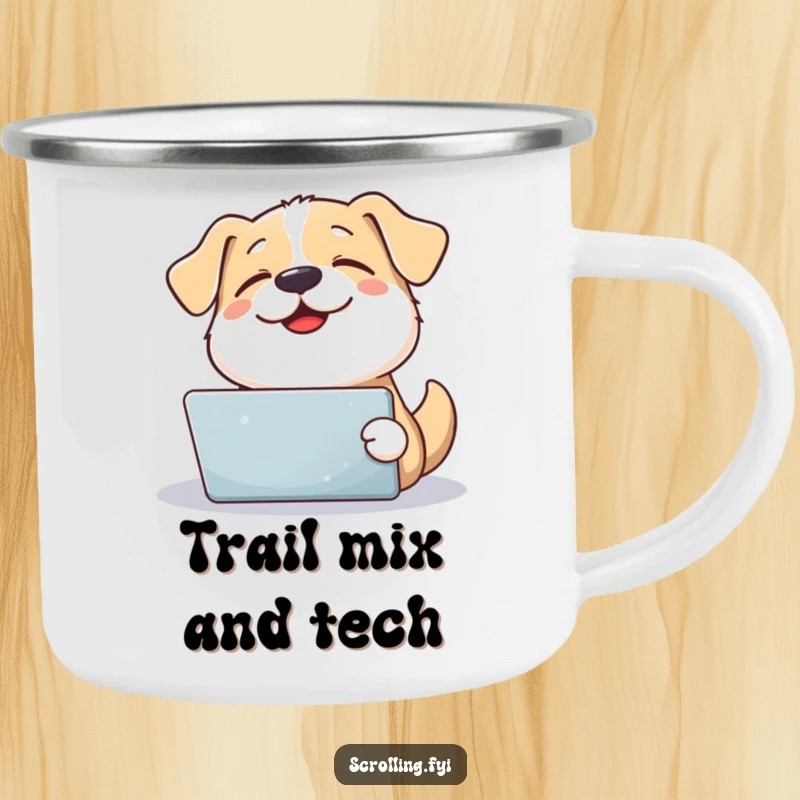 Funny contented dog looks up from a tablet with a happy sigh, a durable camping mug for pet lovers.