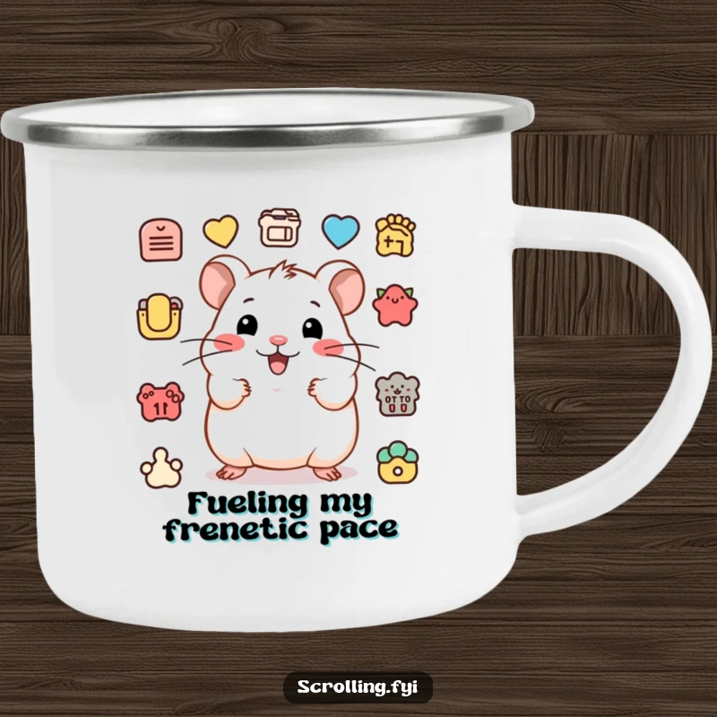 Funny camping mug with a happy hamster clicking icons, conveying a humorous and adventurous spirit.