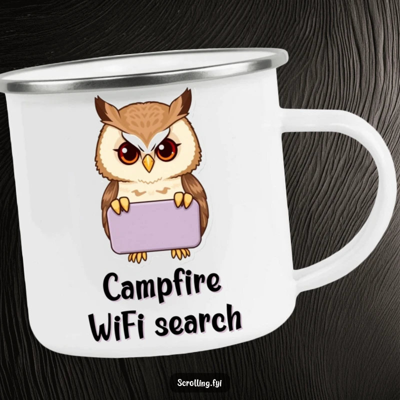 Funny proud owl peering intently into a handheld device on a sturdy camping mug.