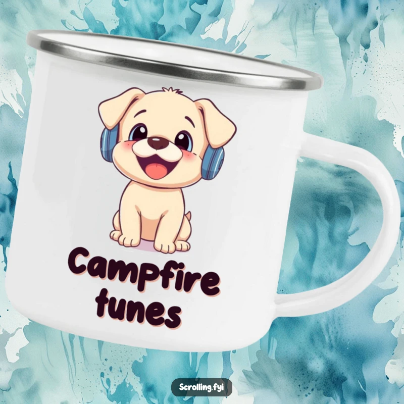 Funny camping mug with a joyful puppy wearing headphones, surprised by a phone notification, perfect for outdoors.