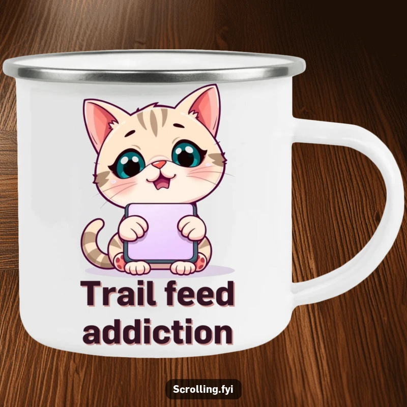 Funny camping mug featuring a giggling cat engrossed in a giant scrolling phone, perfect for outdoor use.