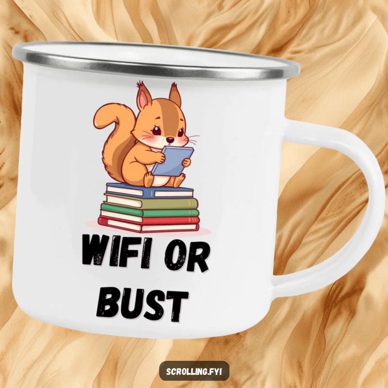 Funny squirrel on books, mesmerized by a screen, a durable camping mug for outdoor tech lovers.