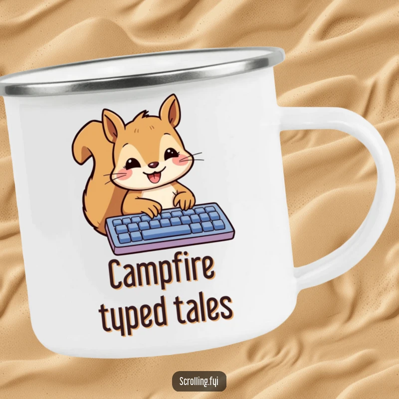 Funny Squirrel Camping Mug showing a smiling squirrel happily typing a message on a keyboard, perfect for outdoor use.