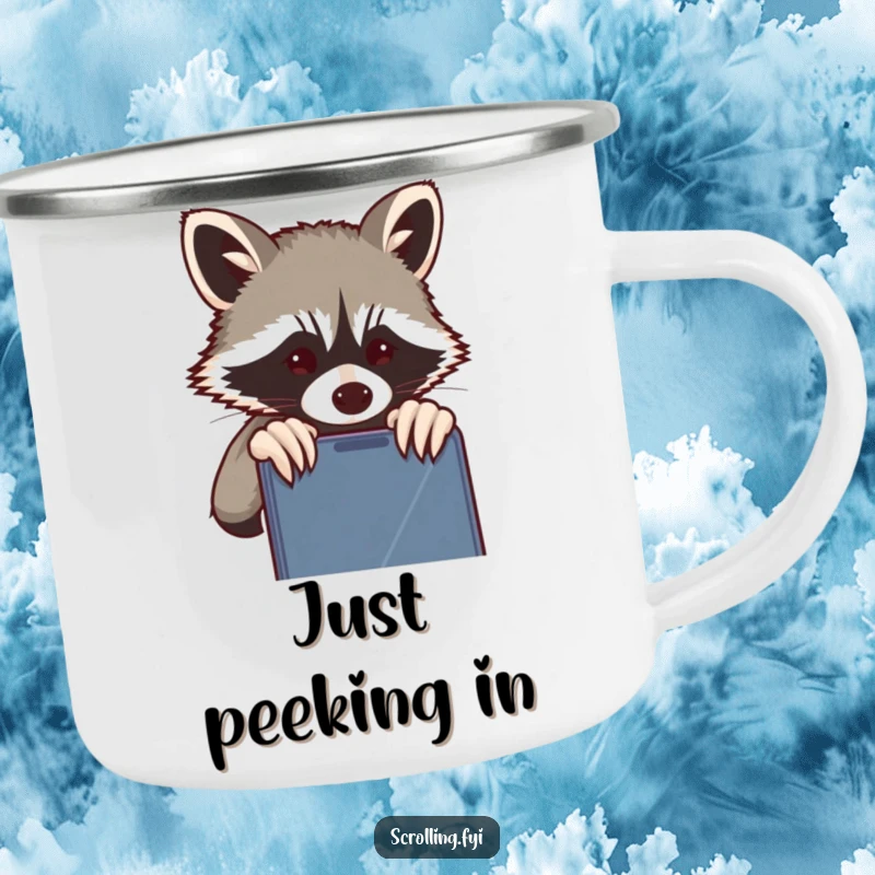 Funny Raccoon Camping Mug: Enamel mug with a mischievous raccoon peeking at a phone, perfect for outdoor humor, gift.