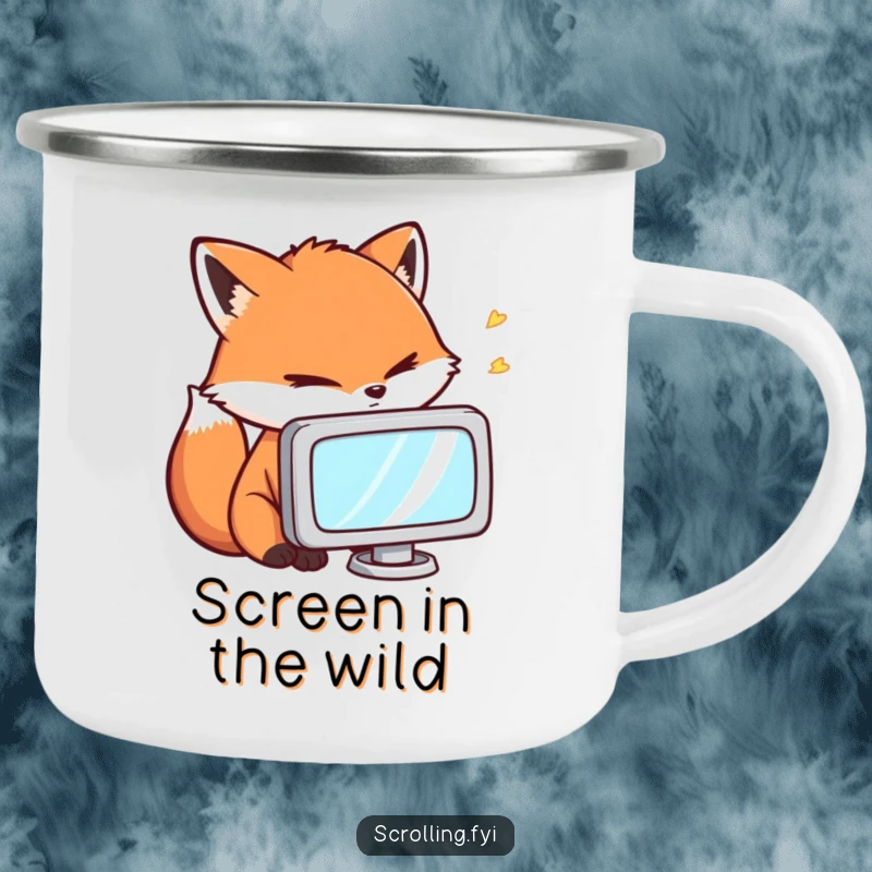 Funny Camping Mug: A fox staring intently at a small screen, bringing intense humor and focus to outdoor adventures.