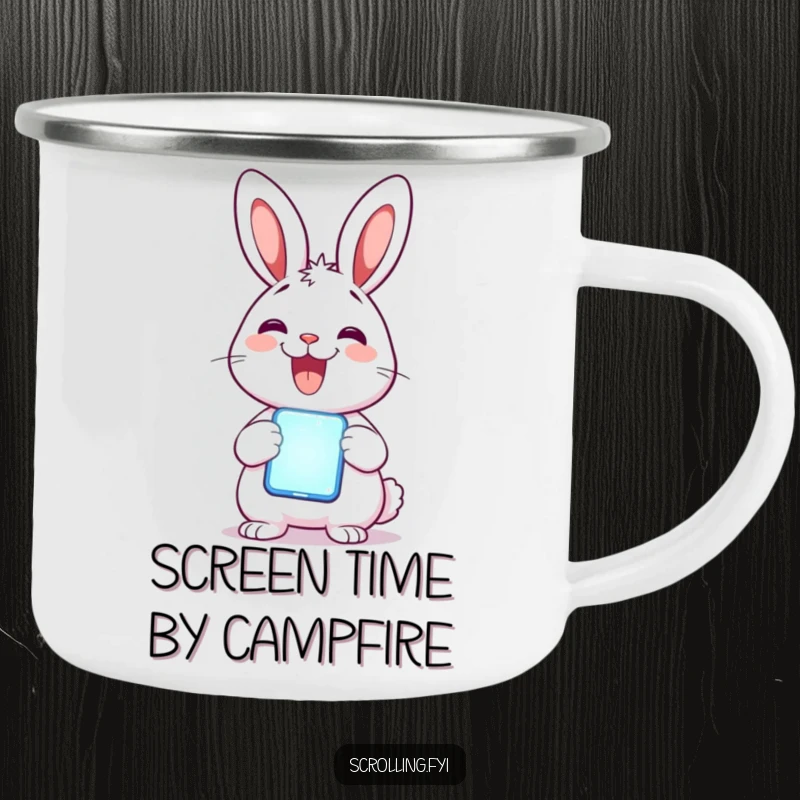 Funny Rabbit Camping Mug: A delighted rabbit holds a glowing mobile phone, perfect for enjoying drinks outdoors.