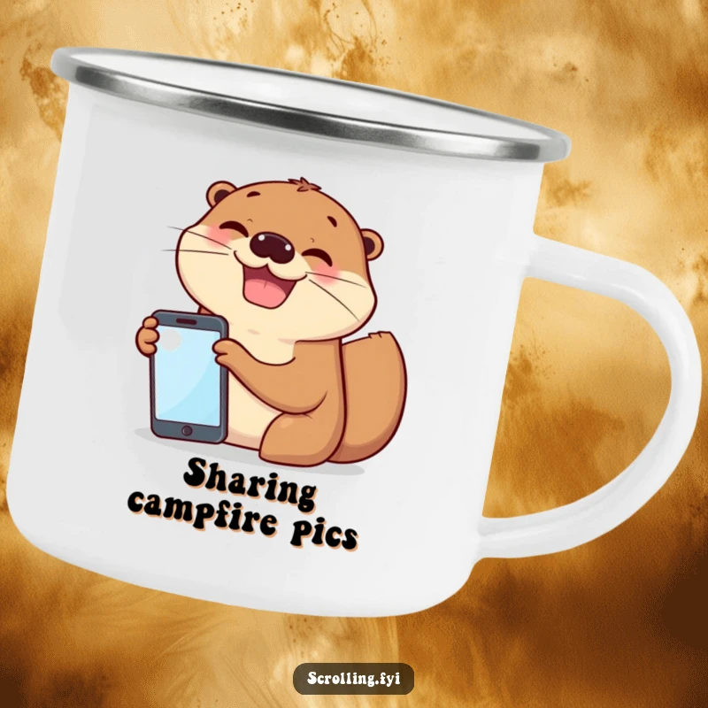 Funny camping mug with cheerful otters excitedly sharing a phone screen, perfect for adventurous friends.
