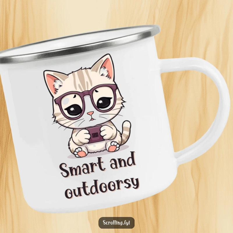 Funny enamel camping mug with a playful cat wearing glasses and a tiny device, a rugged funny gift.